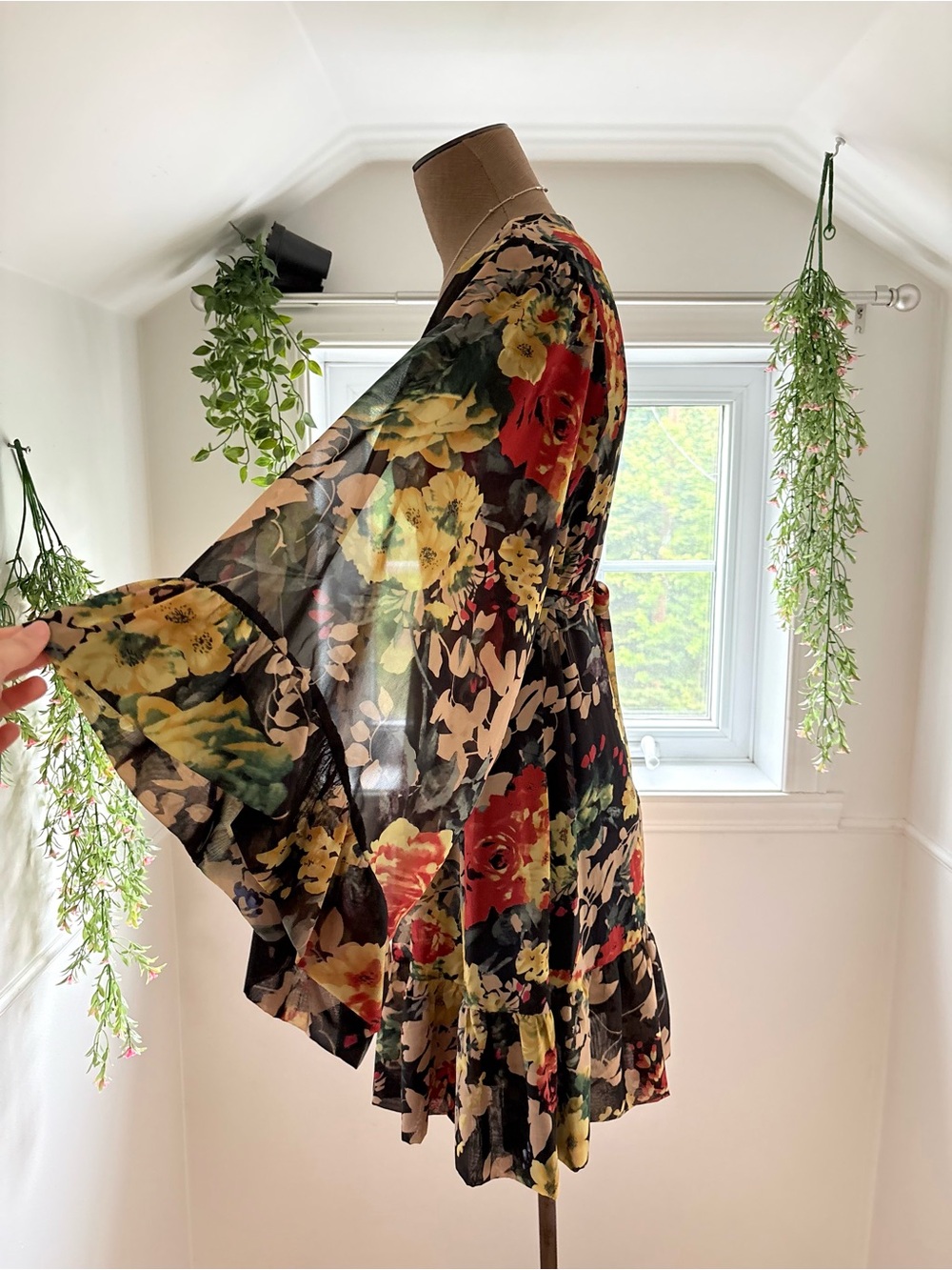 Betsey Johnson Black Floral Flutter-Sleeve Wrap Mini Dress - Picture 3 of 7